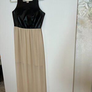 Long dress, size 6. Stylish, combined black eco leather and beige fabric